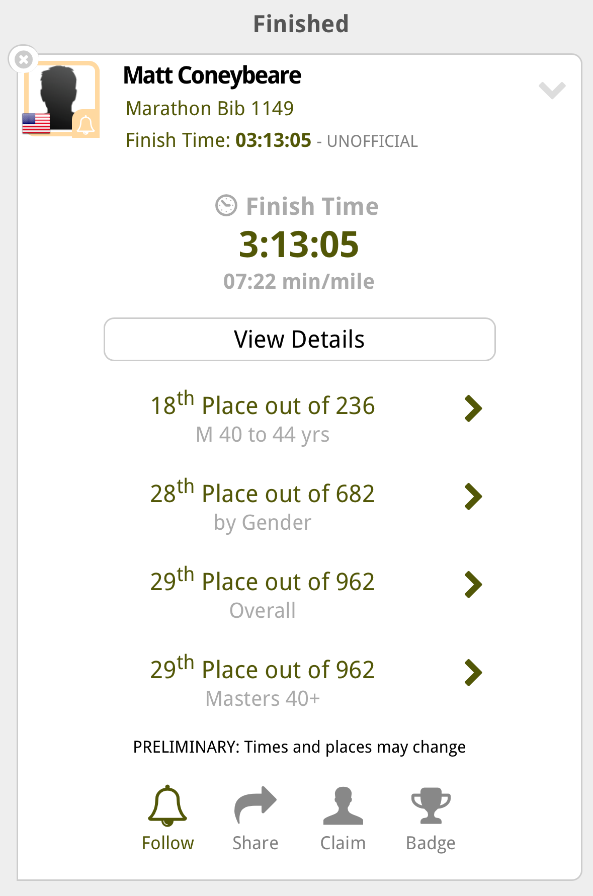 Matt Coneybeare - Marathon 29 - Race Results