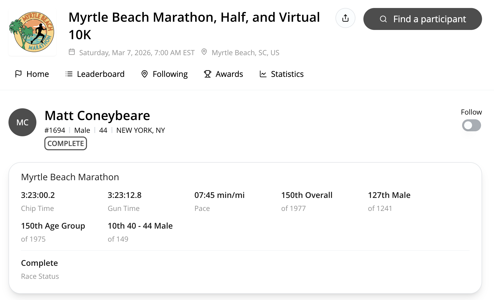 Matt Coneybeare - Marathon 42 - Myrtle Beach Marathon - Myrtle Beach, South Carolina - Results